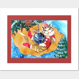 Kitty plays with the christmas ball Posters and Art